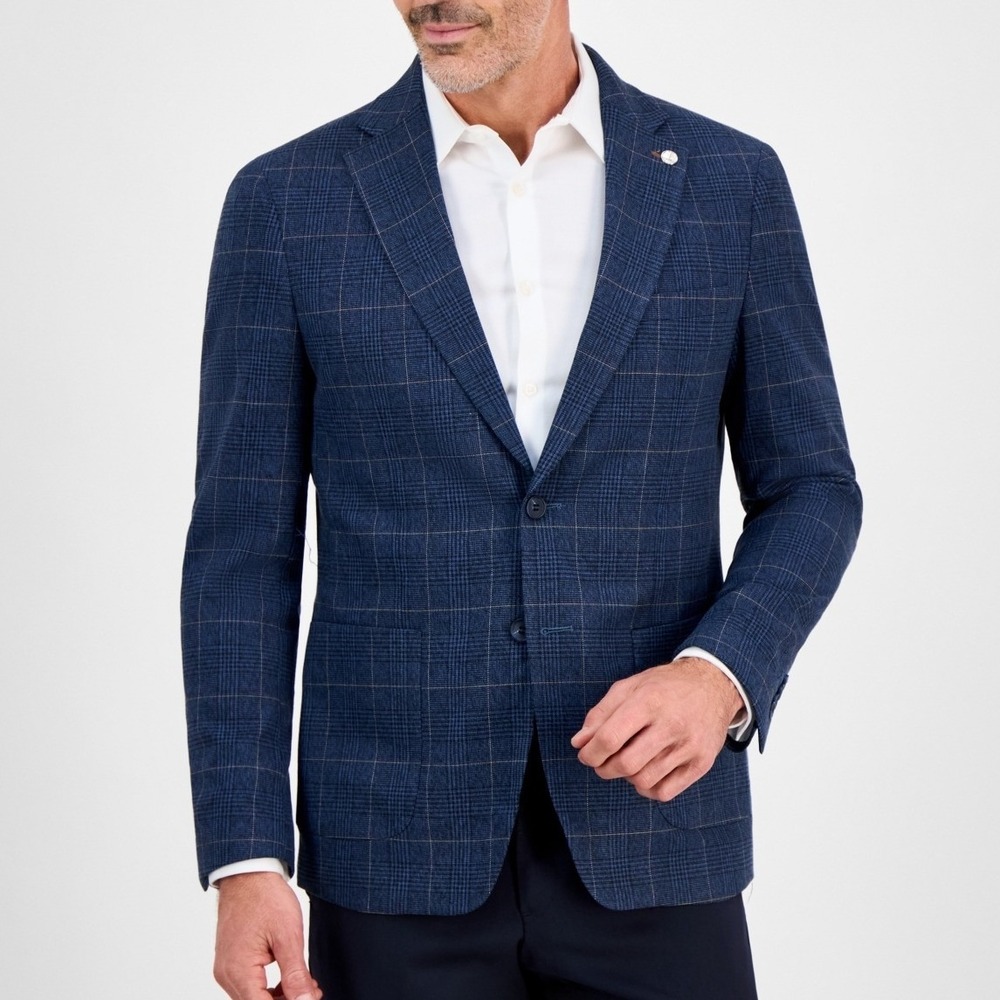 NWT Tom Baine Men's 38/S Navy Blue Slim Fit Plaid Blazer Jacket Stretch